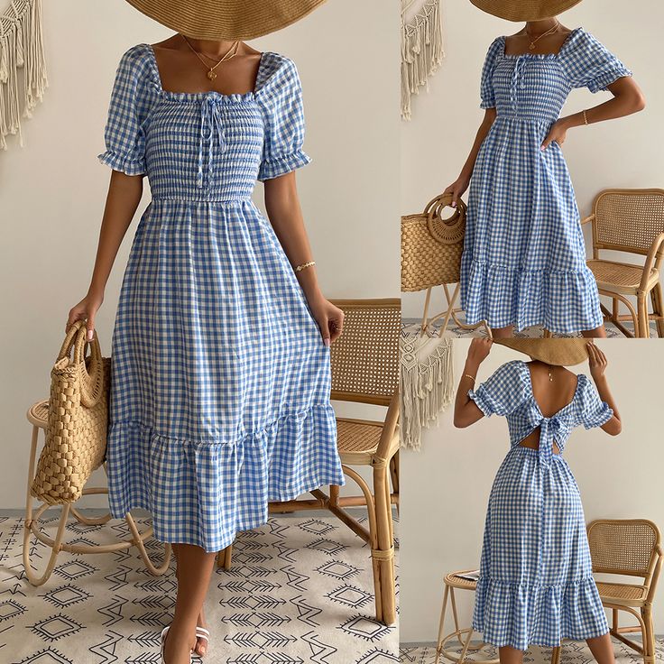 Fashion Plaid French Square Neck Dress Casual Midi Dress For Spring Outing, Spring Outing Dress With Short Sleeves, Short Sleeve Spring Dresses For Outing, Casual Non-stretch Square Neck Dress, Casual Square Neck Non-stretch Dress, Fitted Spring Dress For Outing, Fitted Dress For Spring Outing, Fitted Midi-length Dress For Outing, Fitted Midi Dress For Outing