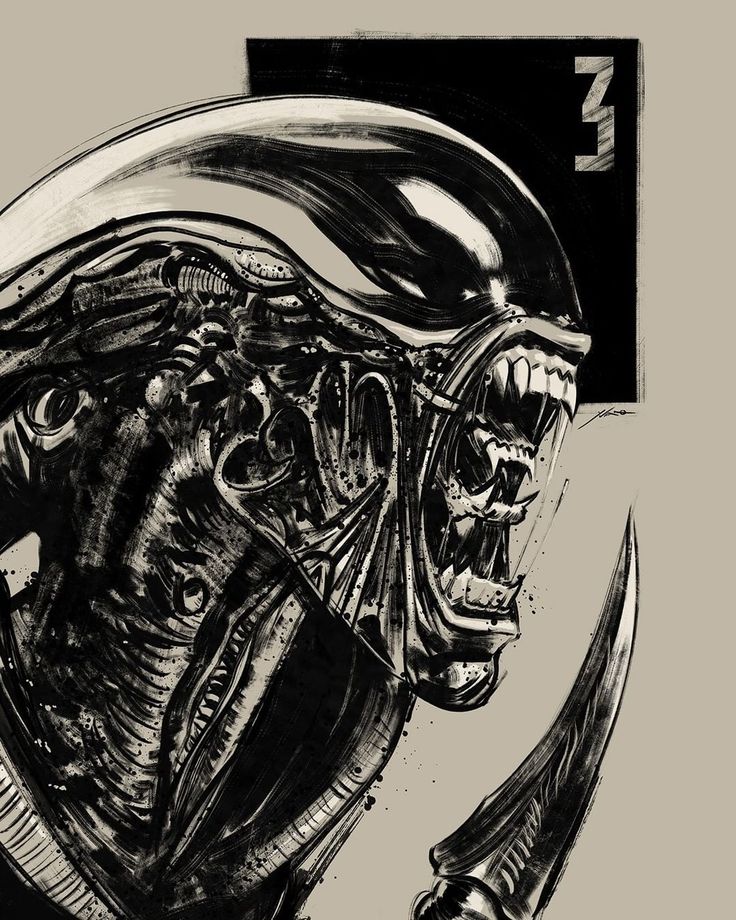 a black and white drawing of an alien head with two knives in it's mouth