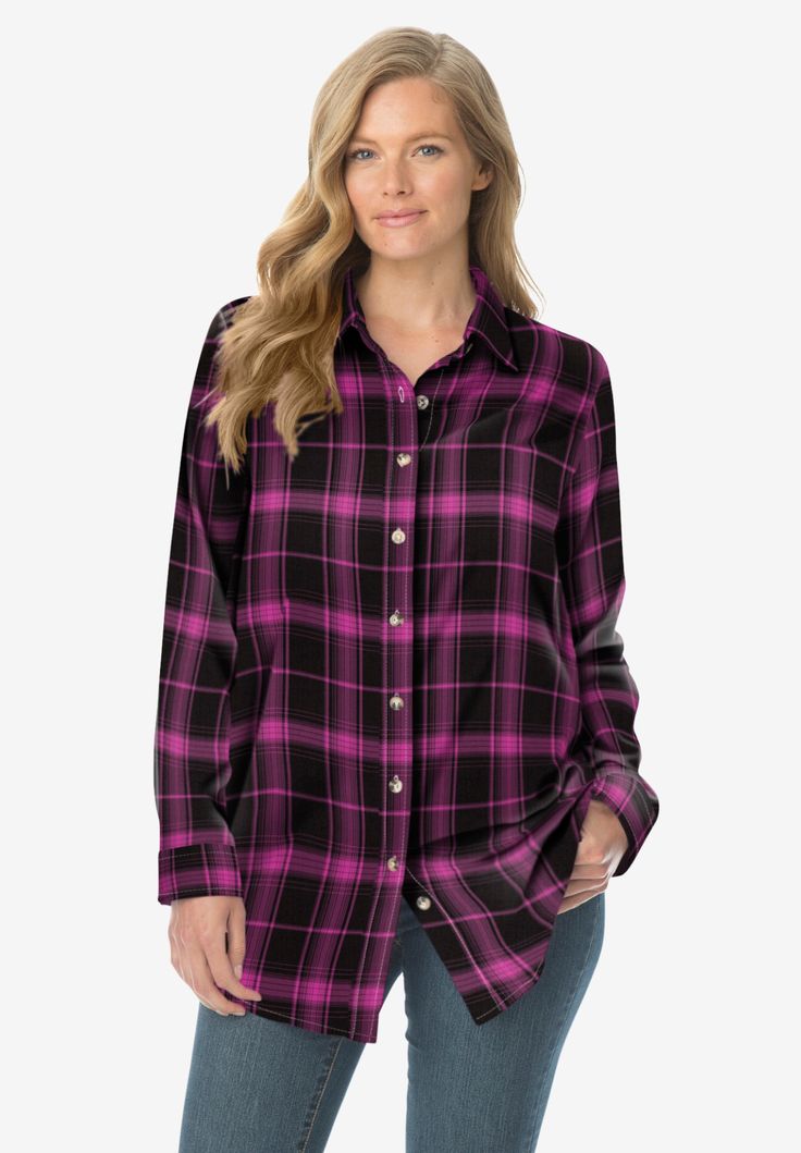 Classic Flannel Shirt| Plus Size Long Sleeve | Fullbeauty Shirt Over Hoodie, Oversized Flannel Outfits, Hoodie Outfit Women, Shirt Over Hoodie Outfit, Black Plaid Shirt, Flannel Outfits, Womens Flannel Shirt, Oversized Flannel, Woman Within