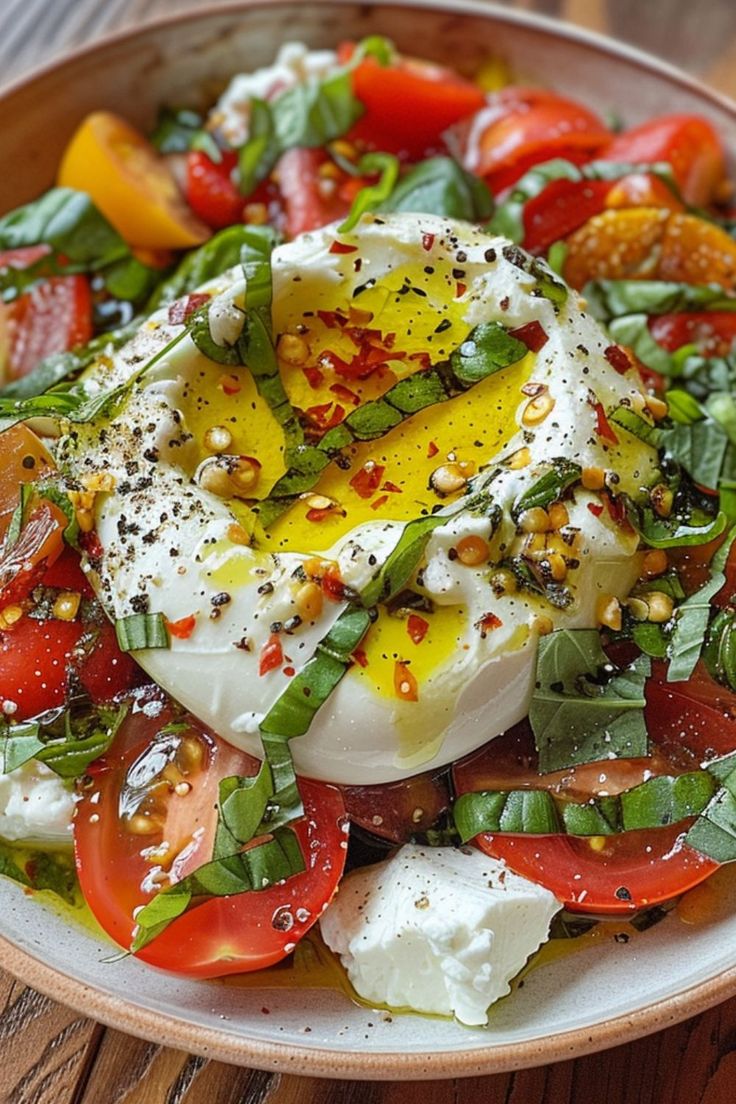 a salad with tomatoes, mozzarella and other toppings in a bowl on a wooden table