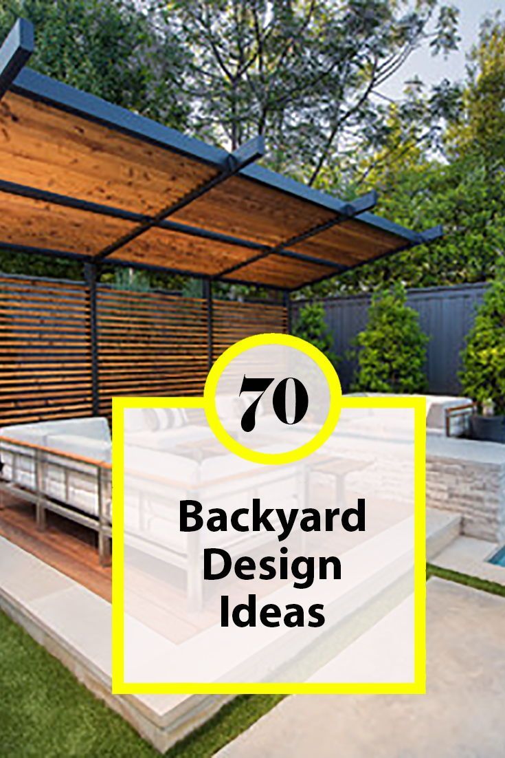 backyard design ideas with the words 70 backyard design ideas in yellow overlaying an outdoor living area