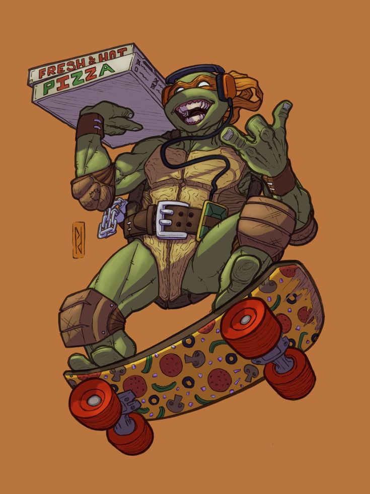 a drawing of a teenage mutant riding a skateboard with a pizza box on it's back