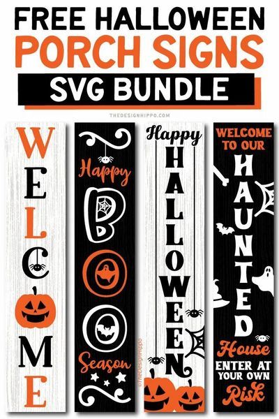 three halloween porch signs with the words welcome and happy