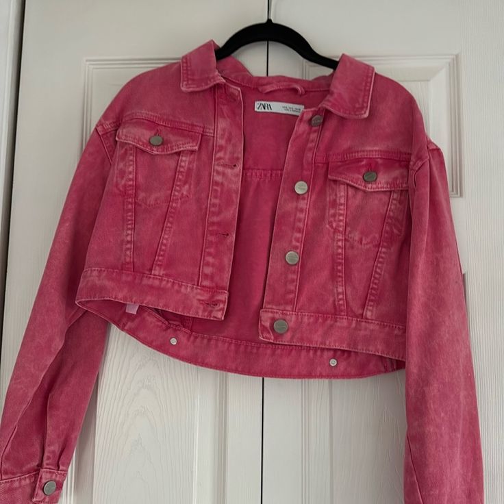 Never Worn No Negotiations Final Price Listed Zara Long Sleeve Cropped Jacket For Spring, Pink Denim Outerwear For Summer, Pink Cropped Outerwear For Spring, Casual Pink Summer Outerwear, Zara Casual Summer Outerwear, Casual Spring Cropped Jacket With Button Closure, Spring Casual Cropped Jacket, Zara Casual Denim Jacket For Spring, Pink Denim Summer Outerwear