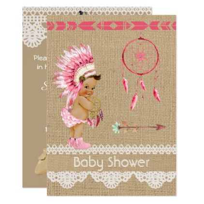 a baby shower card with a native american girl holding a dream catcher on it's back