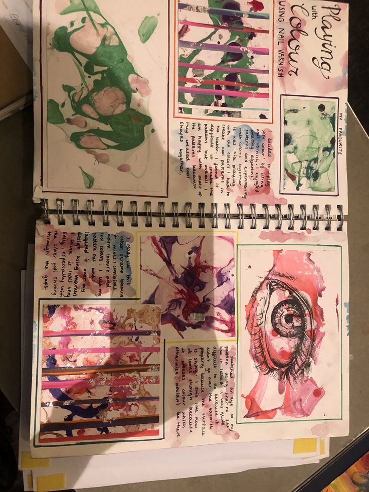 an open notebook with various drawings on it