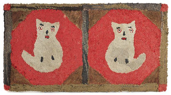 two rugs that have cats on them in the shape of oval frames with red background