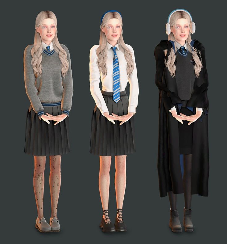 three girls in school uniforms with long hair