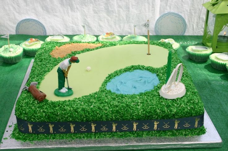 a golf themed birthday cake with cupcakes