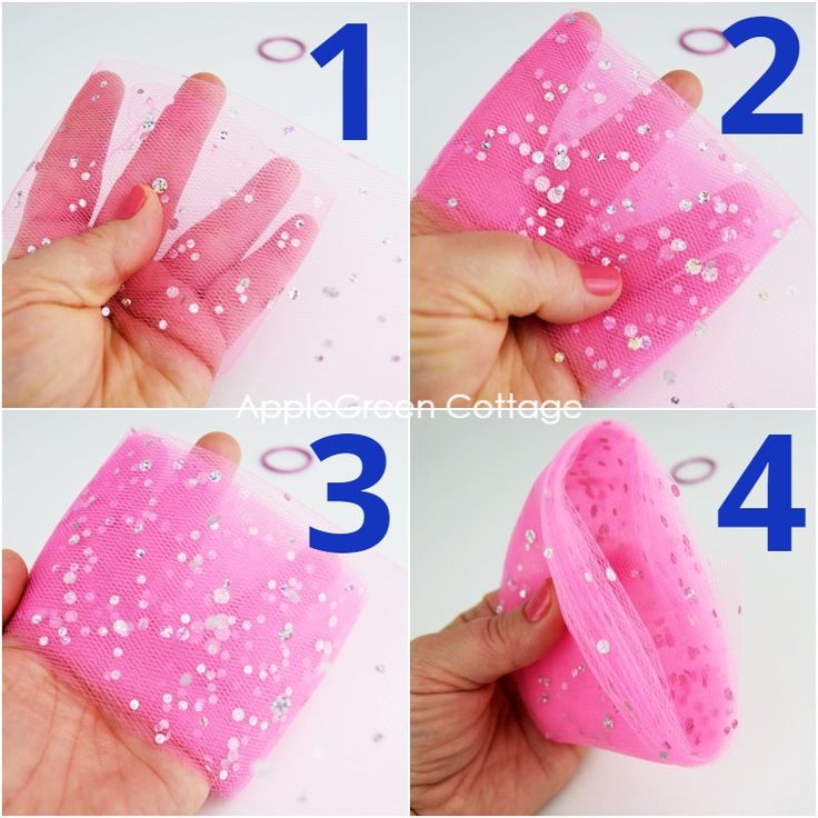 four pictures showing how to make mesh gloves with sequins