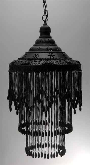 a black chandelier hanging from a chain