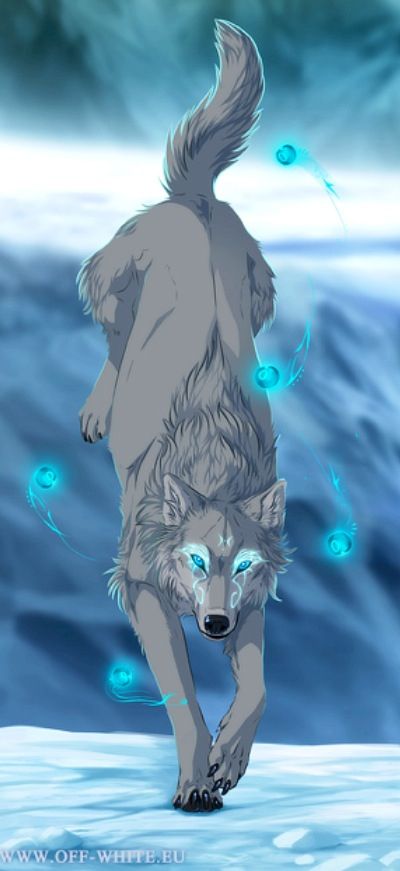 a wolf standing on its hind legs in front of an ocean background with blue bubbles