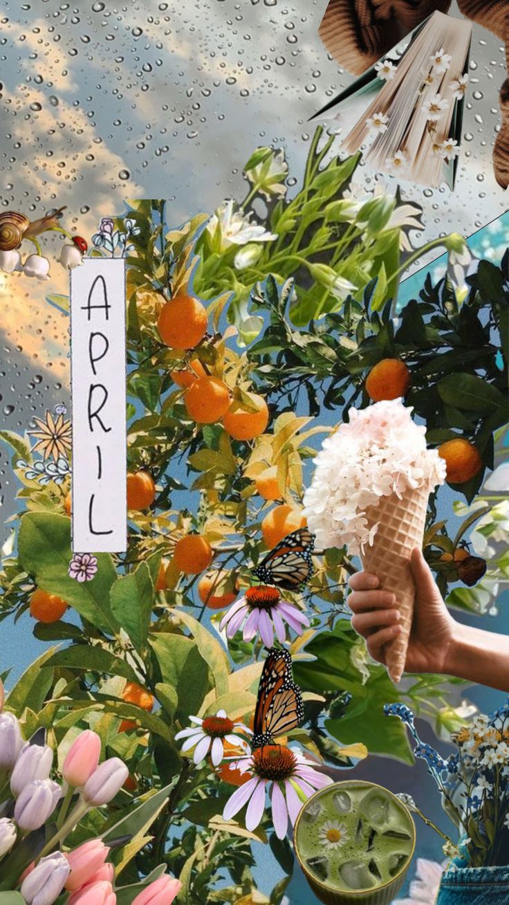 a woman holding an ice cream cone in front of a tree with flowers and butterflies