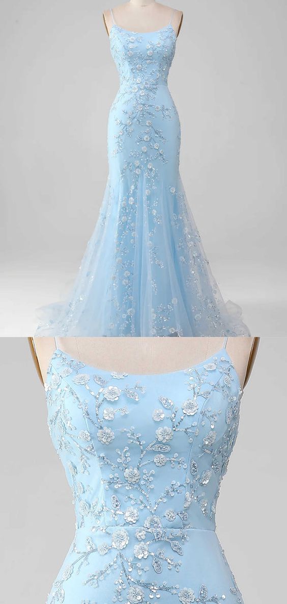 Prom Dress Fishtail, Light Blue Prom Dress Aesthetic, Fairytale Prom Dresses, Pale Blue Prom Dress, Blue Flower Prom Dress, Blue Prom Dress Aesthetic, Gorgeous Prom Dresses Long, Prom Dresses 2025, Light Blue Dress Formal