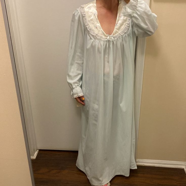 New, Accented With Embroidered , Material Is Thick, Nice For Winter Nights Light Blue Long Sleeve Nightgown For Bedtime, Light Blue Long Sleeve Nightgown For Sleep, Light Blue Long Sleeve Nightgown, Light Blue Nightgown For Home, Light Blue Lace Trim Nightgown For Bedtime, Light Blue Lace Trim Nightgown, Light Blue Lace Trim Nightgown For Home, Embroidered Material, Silk Bra