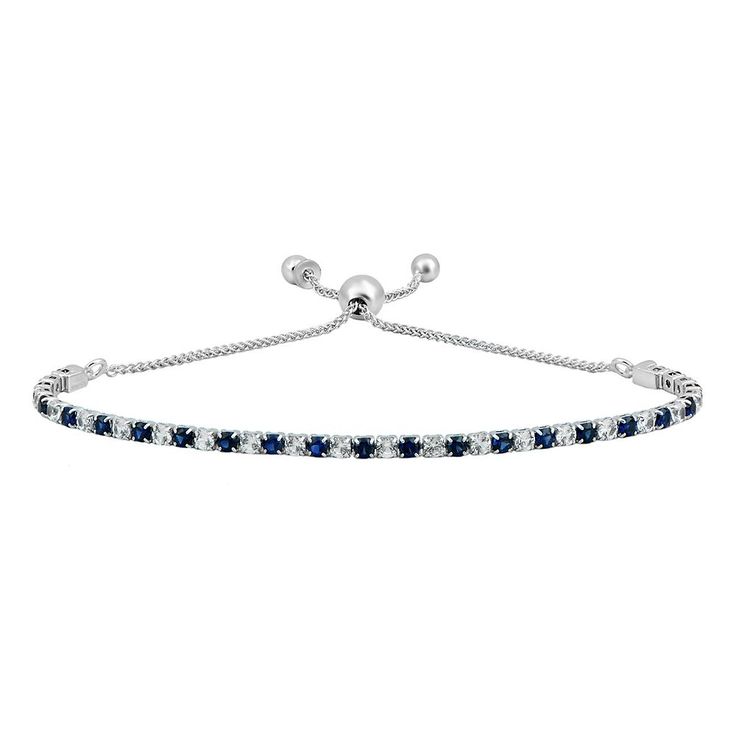 Sterling silver bolo bracelet with twenty-one 2.5 millimeter round lab created blue sapphires and twenty-one 2.5 millimeter round lab created white sapphiresThis 9.5 inch bracelet contains a unique sliding clasp which allows the bracelet to adjust easily and remain secure for an effortlessly stylish statement. | Lab Created Blue & White Sapphire Bolo Bracelet | Sterling Silver | Size 2.50 mm | Helzberg Diamonds White Gold Tennis Bracelet With Adjustable Chain, Adjustable Tennis Bracelet With Prong Setting, Adjustable Gemstone Tennis Bracelet, Adjustable Diamond Bracelet With Prong Setting, Adjustable Round Diamond Bracelet With Prong Setting, Sapphire Tennis Bracelet For Anniversary, Adjustable Sapphire Bracelets For Formal Events, Adjustable Sapphire Bracelets For Formal Occasions, Adjustable Blue Round Tennis Bracelet