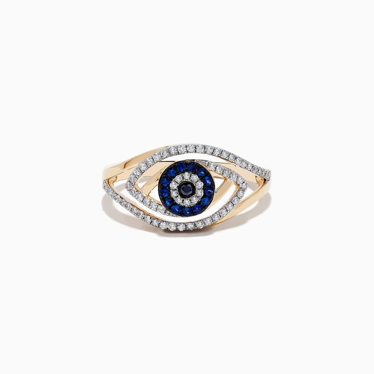 Effy Novelty 14K Yellow Gold Blue Sapphire and Diamond Evil Eye Ring 14k Gold Blue Jewelry With Diamond Accents, 14k Gold Jewelry With Blue Diamond Accents, 14k Gold Jewelry With Diamond Accents In Blue, Blue Diamond Jewelry Stamped 14k, Blue 14k Gold Ring Stamped 14k, Blue Diamond Jewelry With Diamond Eyes, 14k Gold Blue Diamond Ring, 14k Gold Ring With Diamond Eyes, Blue Diamond Ring With 14k Gold Accents