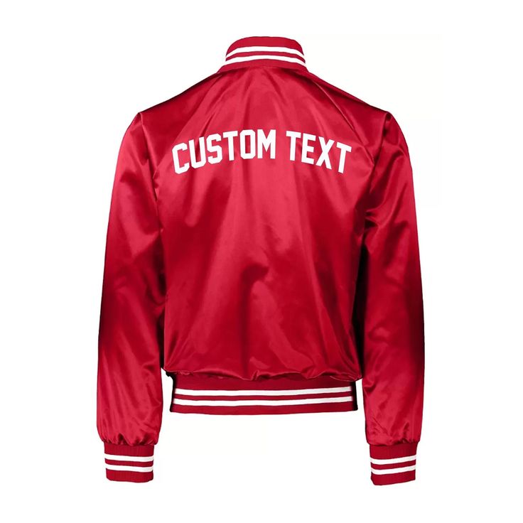 Customize your own red varsity jacket!  1. Choose font type 2. Choose font color 3. Choose what you want it to say **Please list the above in the notes section at checkout! Contact me with question as well. 100% polyester NOTE: Be very specific when listing how you want the text, layout and any punctuation on your item. For instance, if you would like it on multiple lines versus one line, let us know (order notes come over as a run-on sentence so we don't know unless you specifically communicate Red Track Jacket With Ribbed Cuffs For Sports, Red Long-sleeve Outerwear For Game Day, Red Long Sleeve Outerwear For Game Day, Red Sports Outerwear With Letter Print, Red Letter Print Sports Outerwear, Red Baseball Collar Outerwear For Sports Events, Red Sports Event Outerwear With Baseball Collar, Collegiate Red Outerwear With Letter Print, Red Collegiate Outerwear With Letter Print