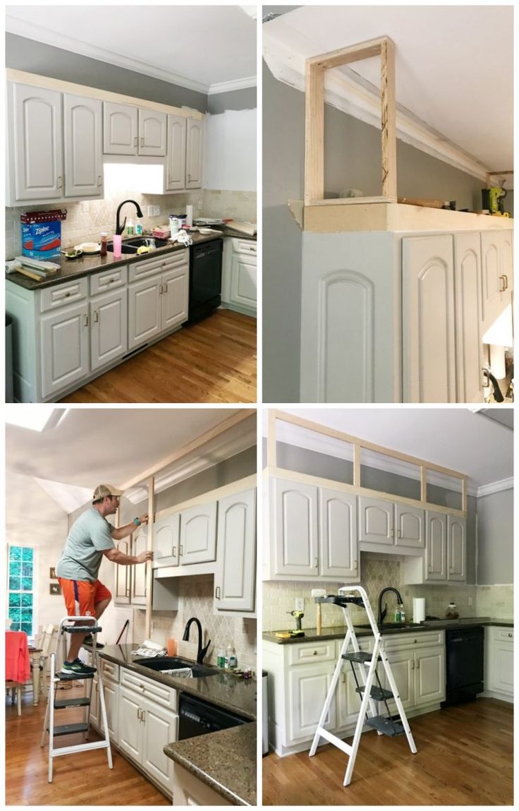 four pictures of kitchen cabinets being painted in different colors and styles, with the man working on the ladder