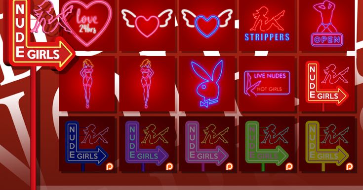 neon signs are displayed on a red background