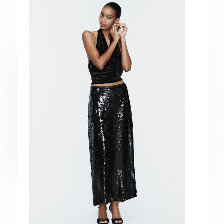 High Elastic Waist Sequin Detail Interior Lining Zara Midi Skirt, Maxi Sequin Skirt, Black Sequin Skirt, Sequin Midi Skirt, Ankle Length Skirt, Skirts Midi High Waisted, Satin Midi Skirt, Zara Skirts, Printed Midi Skirt