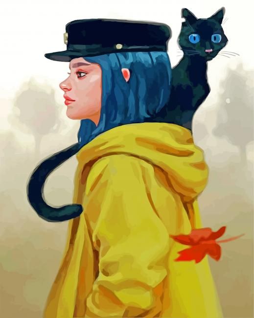 a painting of a woman with a cat on her back