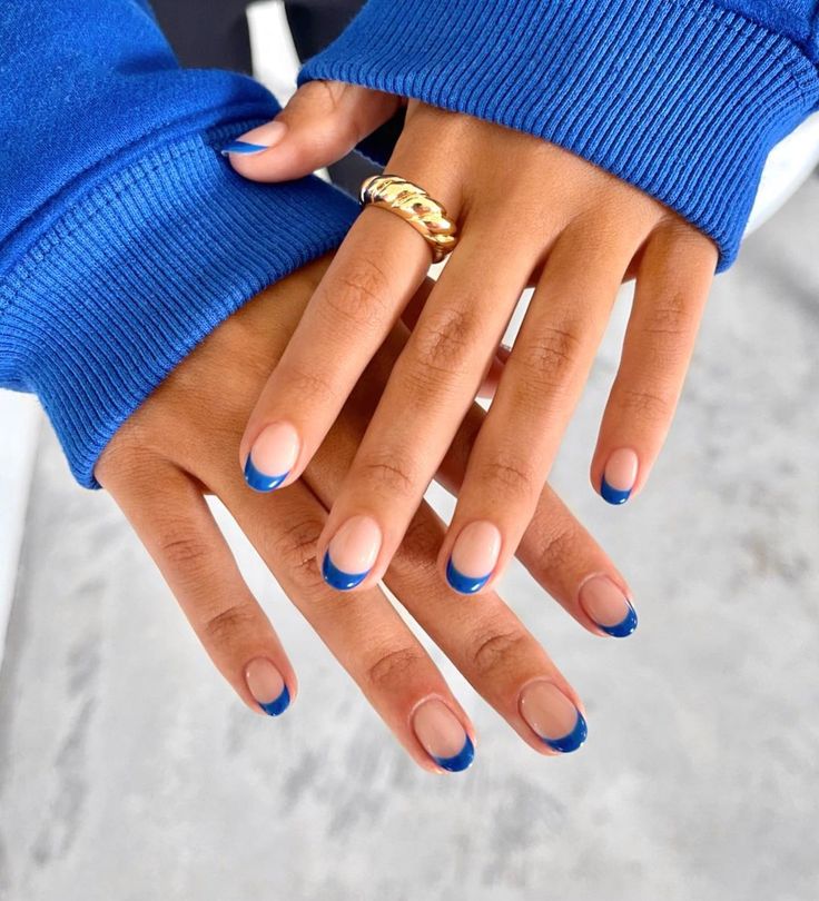 Blue French Tip Natural Nails, French With Blue Tips, Colored French Manicure Nails, Short Blue French Tip Nails, Royal Blue French Tips, Tenerife Nails, French Tip On Short Nails, Navy French Tip Nails, French Manicure Blue