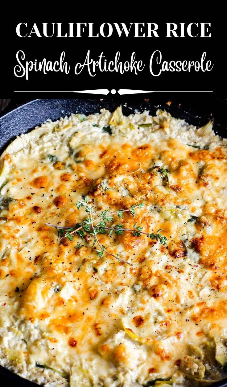 a close up of a casserole in a skillet with cheese and herbs