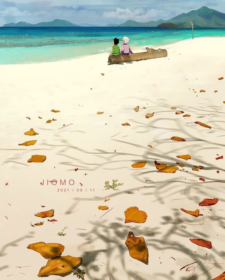 two people are sitting on a boat in the water and leaves cover the beach as they look out to sea