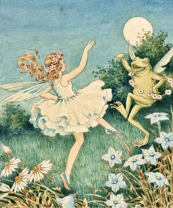 an illustration of two children dressed in fairy costumes and one is holding a balloon while the other holds a frog