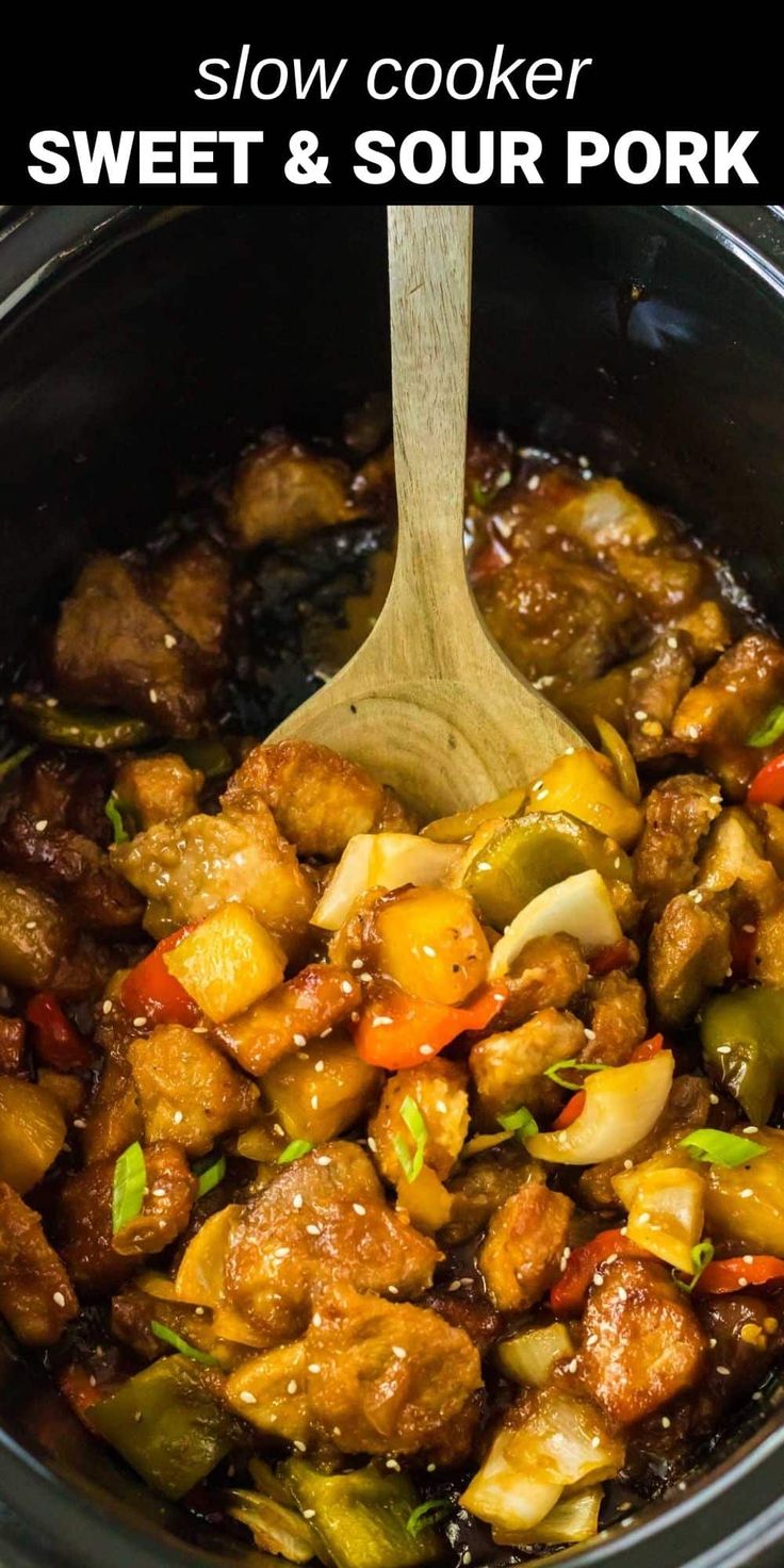 sweet and sour pork with chicken and pineapple in crockpot Crock Pot Pork Bites, Best Sweet And Sour Pork Recipe, Diced Pork Crock Pot Recipes, Pork In Slow Cooker Recipes, Sweet Sour Pork Crock Pot, Chinese Pork Recipes Slow Cooker, Asian Pork Crockpot Recipes, Pork Chunks Recipes Slow Cooker, Pork Cubes Recipes Slow Cooker