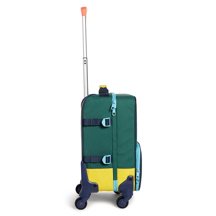 a green and yellow suitcase on wheels with handles, straps and handle bar attached to it