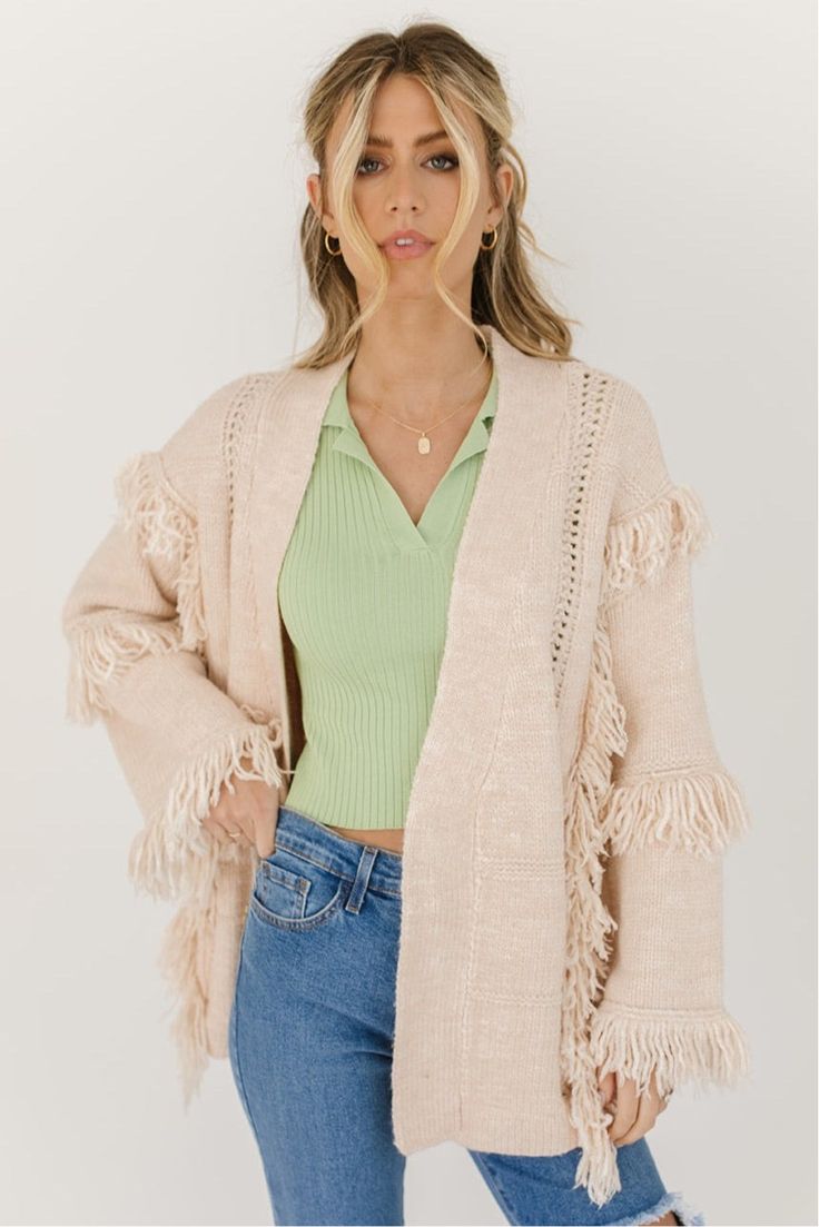 *sale items are final sale. no exceptions. cream // drop shoulder, long sleeves, fringe detail paired with our be my baby ribbed top + apollo distressed denim + brayden western boot model is 5'8" + wearing a small measurements are approximate + taken while laying flat small : bust 47” length 27” medium : bust 49” length 28” large : bust 51" length 29" more fit + fabric info : acrylic // fabric has a lot of stretch // relaxed fit Spring Shoes Women, Spring Dresses Women, Fringe Cardigan, Patchwork Jacket, Be My Baby, Western Boot, Spring Fashion Trends, Ribbed Top, My Baby