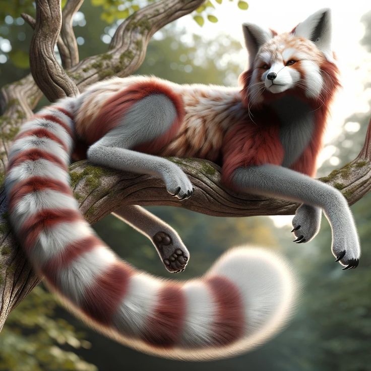 a red and white striped animal sitting on top of a tree branch