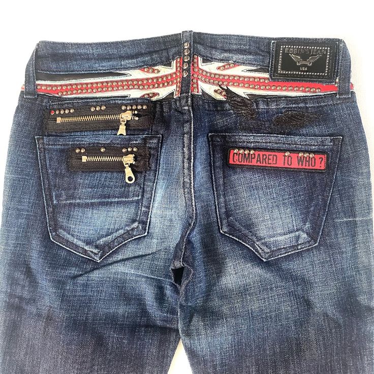 Robins Jeans From Los Angeles Low Rise Straight Leg Studded Flag Jean, Brand New And Unworn! Model: # Spac8830 England- Cut 602186 Msrp: $450.00 Size 29" Details: Rise: 7.5" (From Center Crotch) Inside Leg: 29" Hem Width: 5.5" (Across) 90% Denim/10% Elastane Robin Chretien, Founder And Designer Of Robin's Jean Was Born In Lyon, France Where He Grew Up Immersed In A Creative Environment. His Mother, A Talented Fashion Designer, And His Father, An Artist, Always Encouraged Their Sons' Creative End Tornado Mart Jeans, Designer Fitted Jeans, Luxury Blue Jeans, Jeans With Designs On Them, 2007 Outfits, Robins Jeans, Shredded Jeans, St Tropez France, Acid Bath