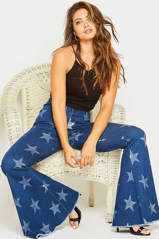 Star Printed Flare Denim Jeans - Hippie Vibe Tribe Print Jeans Outfit, Bleaching Clothes, Flare Jeans Style, Flair Jeans, Flare Denim Jeans, Hippie Girl, Cute Stars, Star Jeans, Navy Jeans