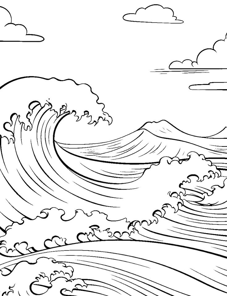 a black and white drawing of waves in the ocean