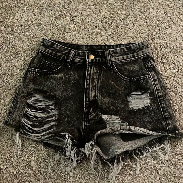 Frayed And Gray/Black Jean Shorts. Never Worn And Super Cute For Spring Break And Summer! They Are In Perfect Condition! Cute Ripped Denim Shorts, Cheap Ripped Short Bottoms, Cheap Y2k Distressed Bottoms, Edgy Mini Length Bottoms At Cheap Price, Cute Black Riped Jeans, Cheap Stretch Denim Flares, Cheap Party Mini Shorts, Cheap Casual Ripped Mini Skirt, Jean Shorts With Chains On Side