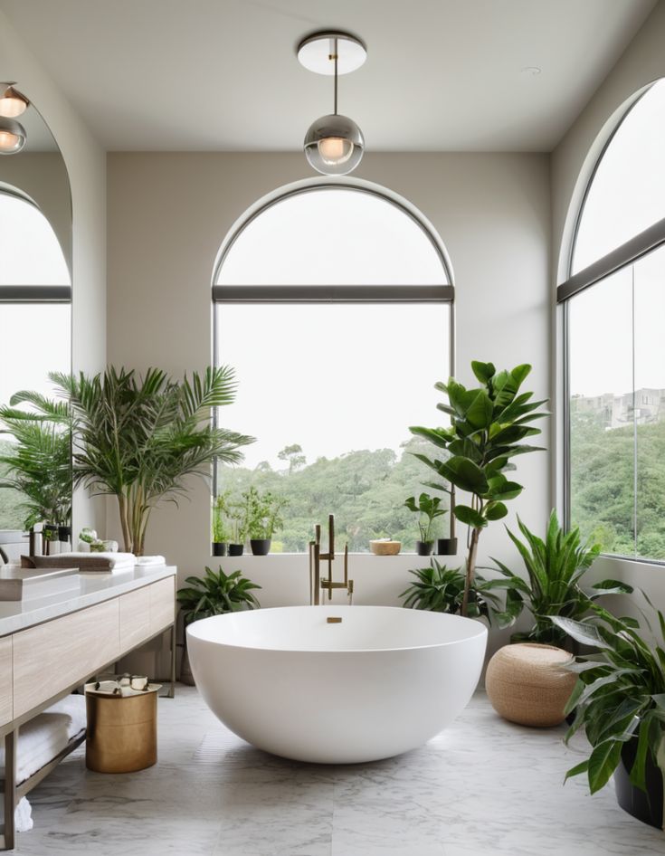 Round Bath With Shower Over, Big Windows Bathroom, Bathroom With Big Window, Bathtub With Window, Lake House Bathroom Ideas, Round Tub, Round Bathtub, Open Plan Bathrooms, Kitchen Tile Inspiration