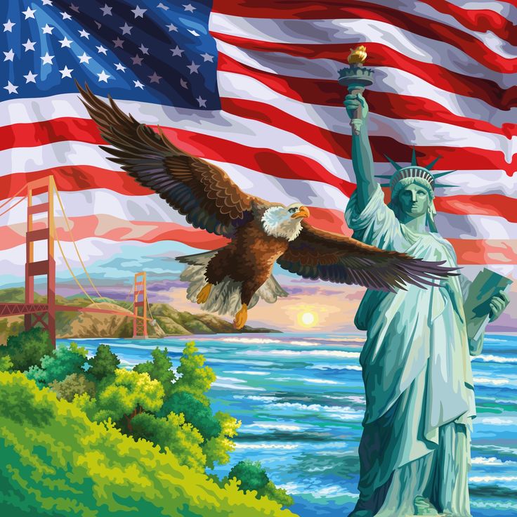 the statue of liberty and an eagle flying over the water in front of a large american flag