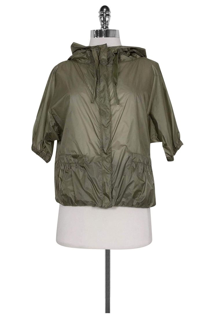 Current Boutique-Prada - Semi-Sheer Olive Rain Jacket Sz 2 Spring Utility Windbreaker For Work, Casual Spring Windbreaker For Work, Casual Spring Workwear Windbreaker, Spring Nylon Utility Outerwear, Trendy Spring Outdoor Windbreaker, Spring Utility Nylon Outerwear, Olive Outerwear For Spring Streetwear, Khaki Windbreaker For Spring Streetwear, Casual Hooded Summer Outerwear