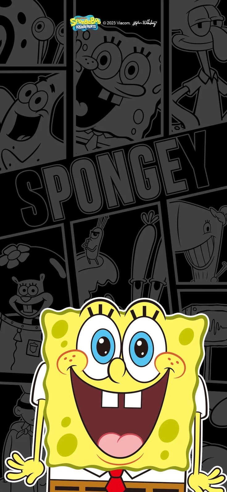 the spongebob character is smiling and standing in front of black background with cartoon characters