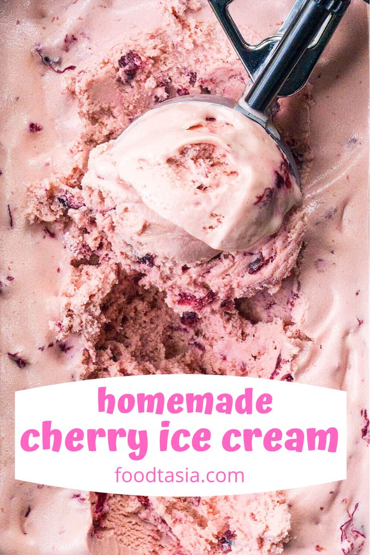 homemade cherry ice cream in a bowl with a scoop full of ice cream and the text overlay reads homemade cherry ice cream