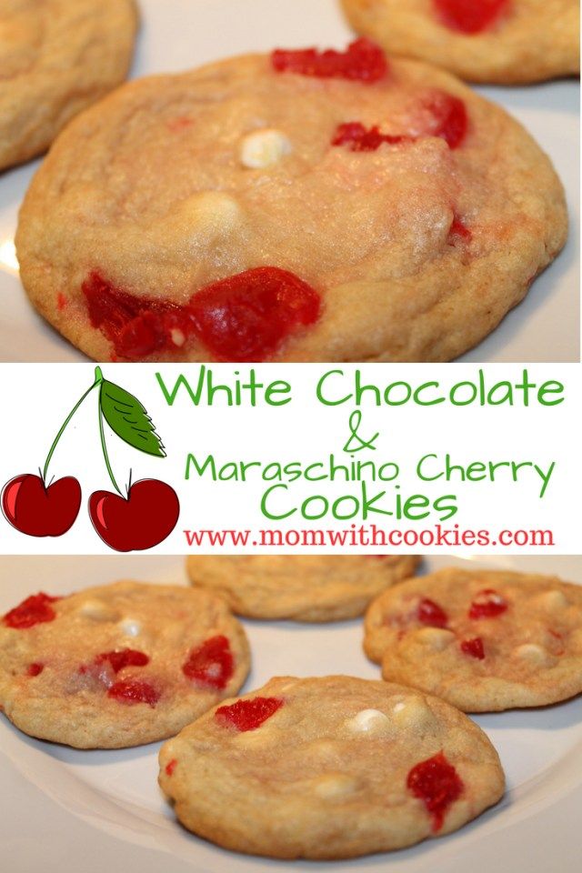 white chocolate and raspberry cookies on a plate with the words, white chocolate and maraschi cherry cookies