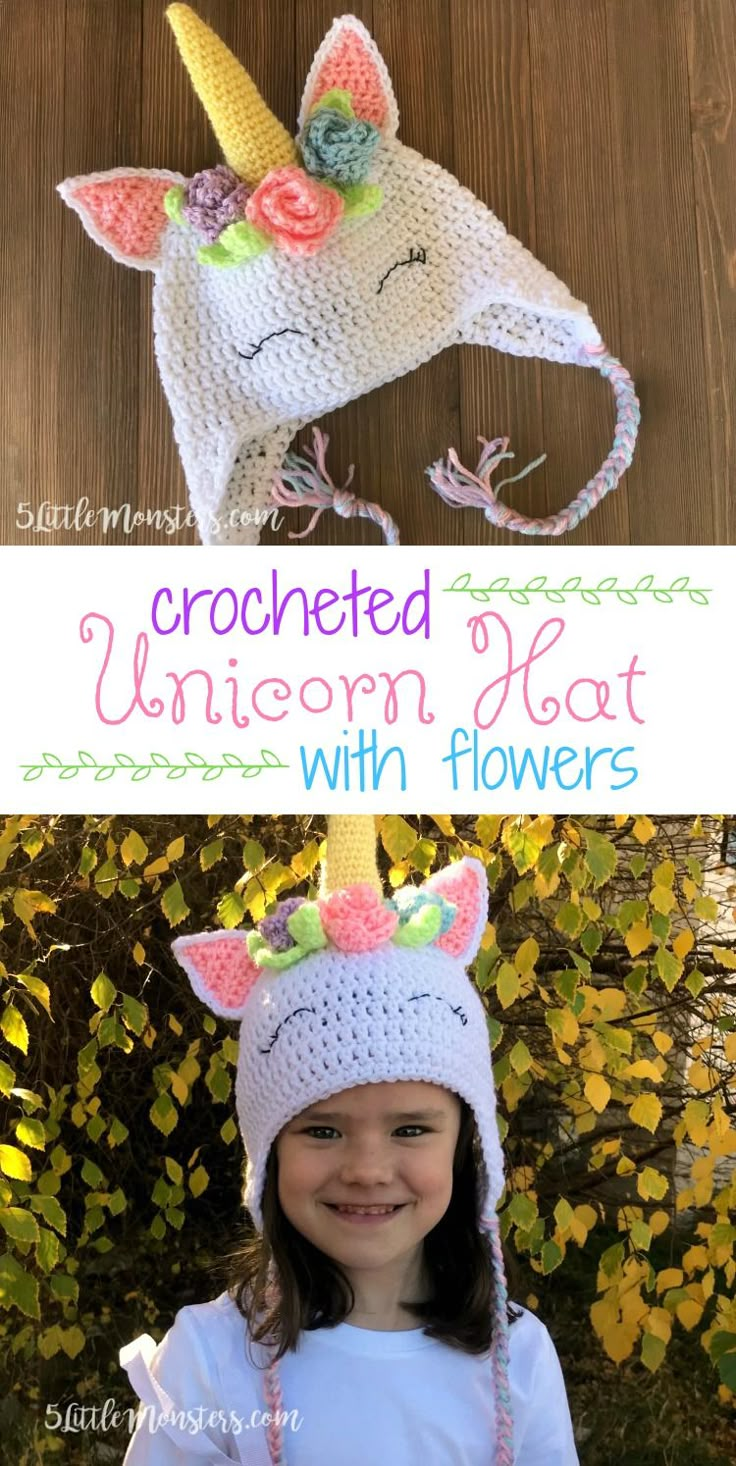 5 Little Monsters: Crocheted Unicorn Hat with Flowers Crocheted Unicorn, Crochet Unicorn Hat, Crochet Flower Hat, Hat With Flowers, Crochet Unicorn Pattern, Unicorn Hat, شال كروشيه, Crochet Kids Hats, Crochet Hat Free