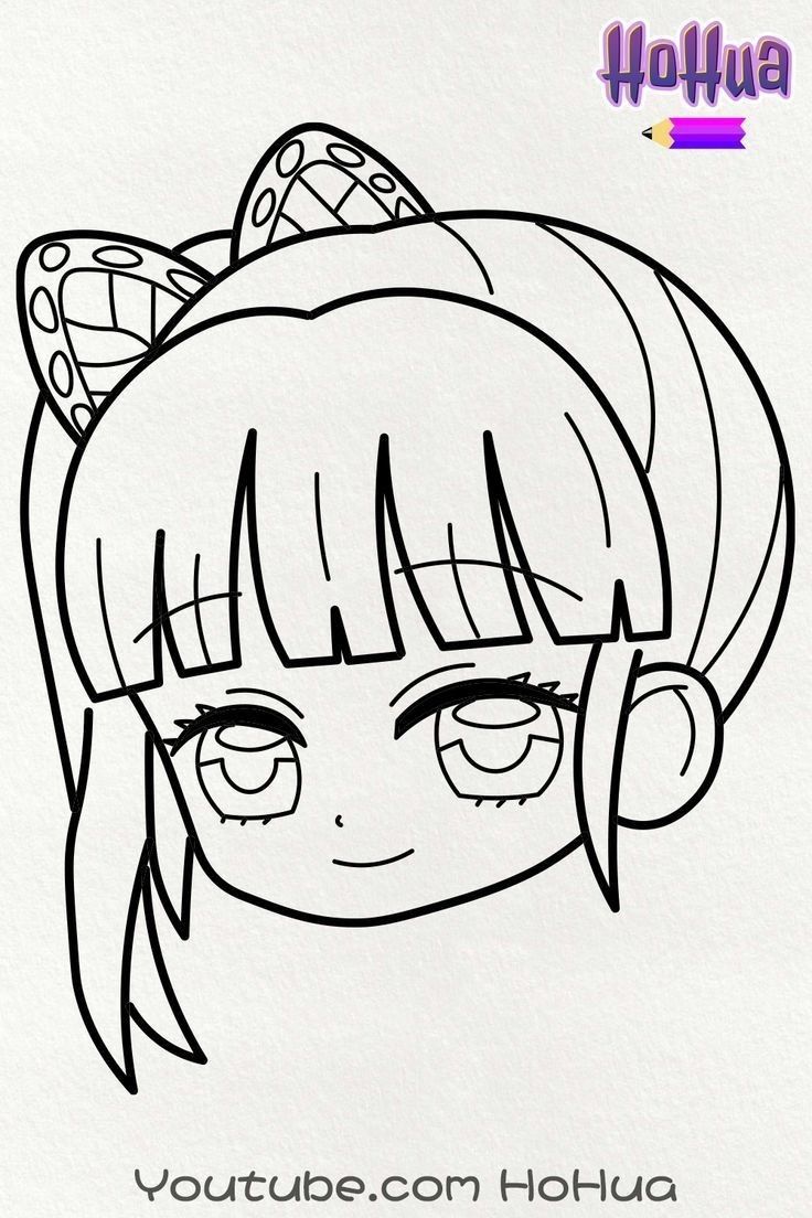 a drawing of a girl with big eyes and a bow on her head, in black and white