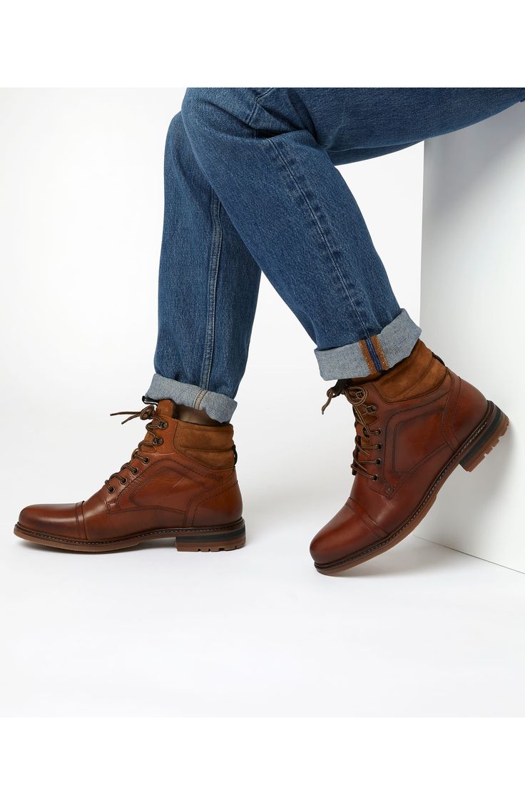 This smart lace-up boot combines the utilitarian treaded sole and cushioned heel of a traditional hiker style with the sophistication of a cap-toe derby. Leather upper/synthetic lining and sole Made in Portugal Luxury Classic Chukka Boots For Workwear, Luxury Casual Chukka Boots With Wingtip, Mens Leather Boots With Jeans, Mens Tan Casual Boots, Mens Brown Boots With Jeans, Men's Leather Boots Nordstrom, Mens Leather Lace Up Boots, Rugged Winter Lace-up Chukka Boots, Brown Cap Toe Lace-up Winter Boots