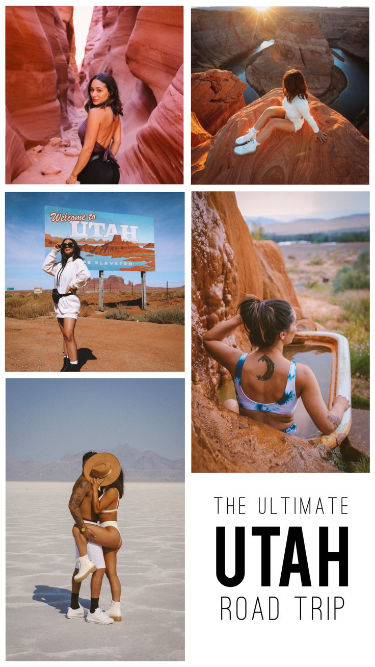 the ultimate utah road trip with photoshopped images and text overlaying it