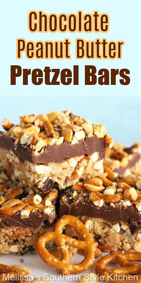 chocolate peanut butter pretzel bars stacked on top of each other with pretzels