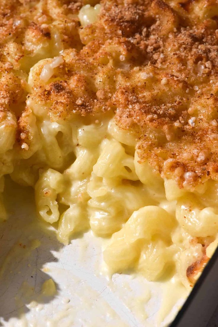 the macaroni and cheese casserole is ready to be eaten